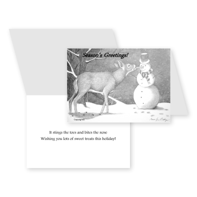 Christmas cards featuring a deer and snowman
