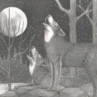 "Choir Practice" print showing two wolves howling at full moon on snowy winter night