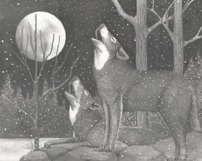 "Choir Practice" print showing two wolves howling at full moon on snowy winter night