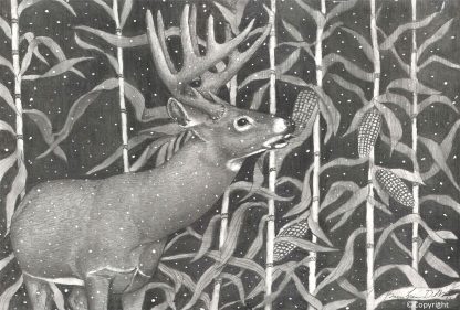 "Evening Snack" print featuring deer eating corn in a cornfield on a snowy night