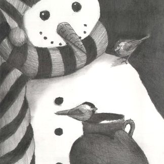 "Holiday Feast" print showing two birds perched on a snowman