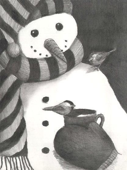 "Holiday Feast" print showing two birds perched on a snowman